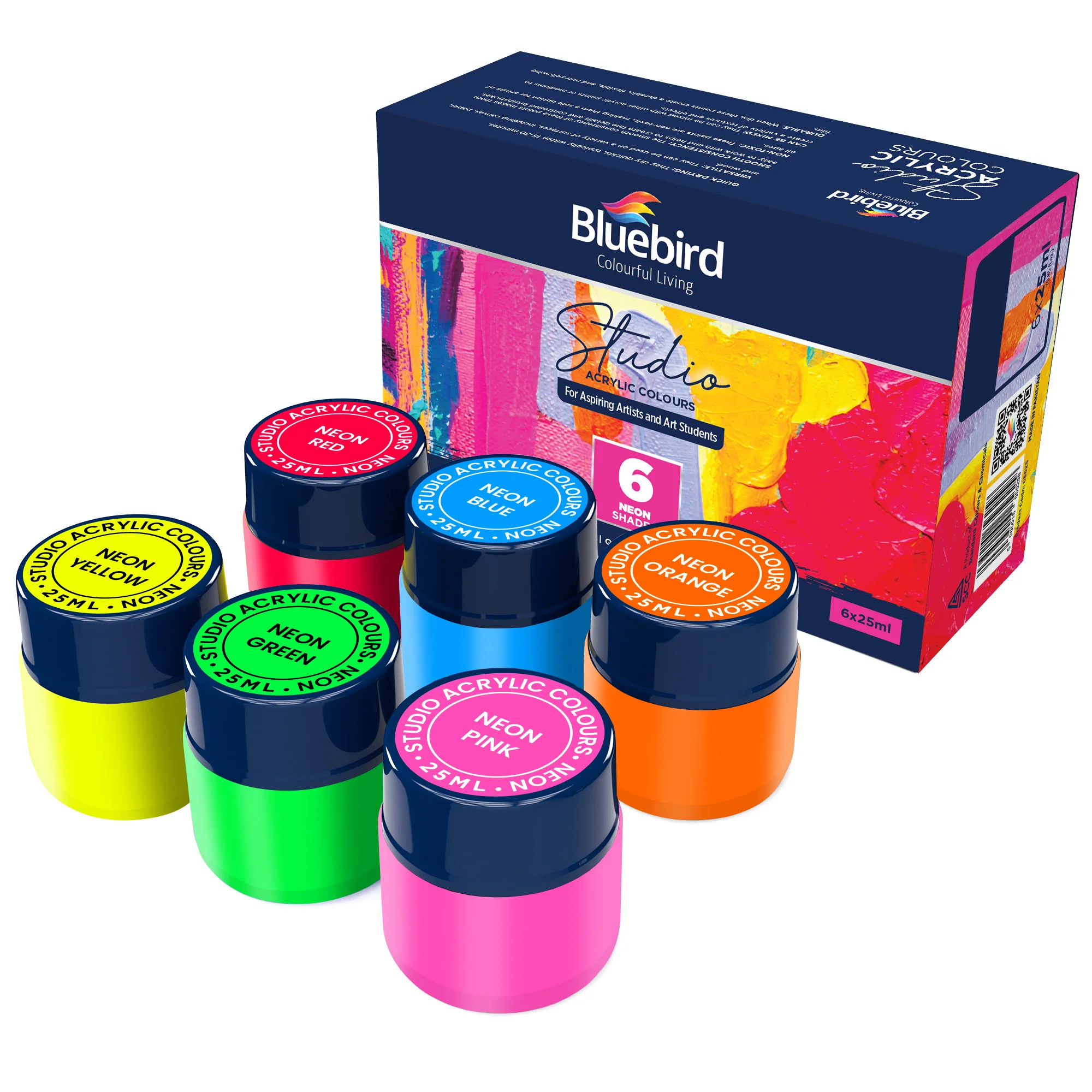 BLUEBIRD New Studio Acrylic Paints Neon Colors 6-Pack 3.4 Fl Oz each, Basic Acrylic Paint For Kids, Students & Beginner Artists