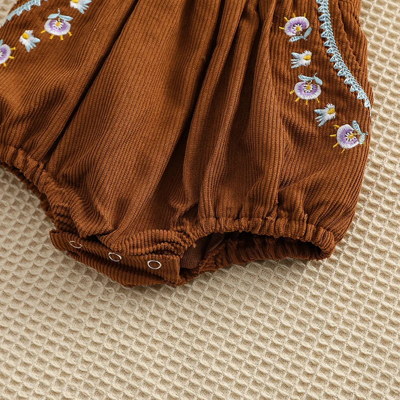 2023 new arrival 100% organic cotton kids corduroy romper overall embroidery flower sleeveless jumpsuit for baby
