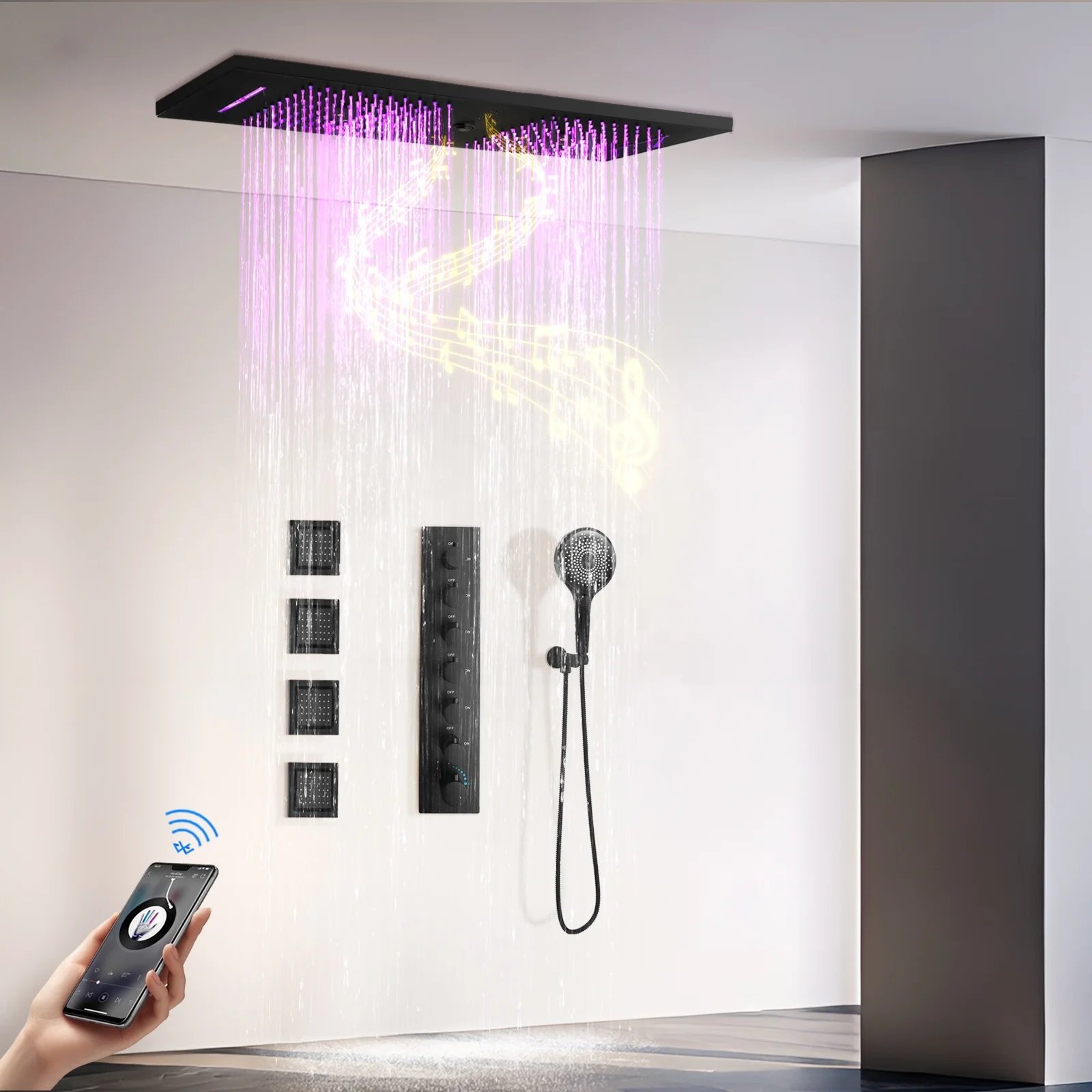 Music LED 36*12 inch Shower Head Bathroom Thermostatic Rain Waterfall Mist Black LED Shower Faucet system