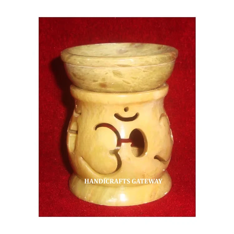 Pure Handmade Home Air Freshener Natural Soapstone Aroma Oil Burner Most Beautiful Om Carving Rounded Shape Lamp For Decoration