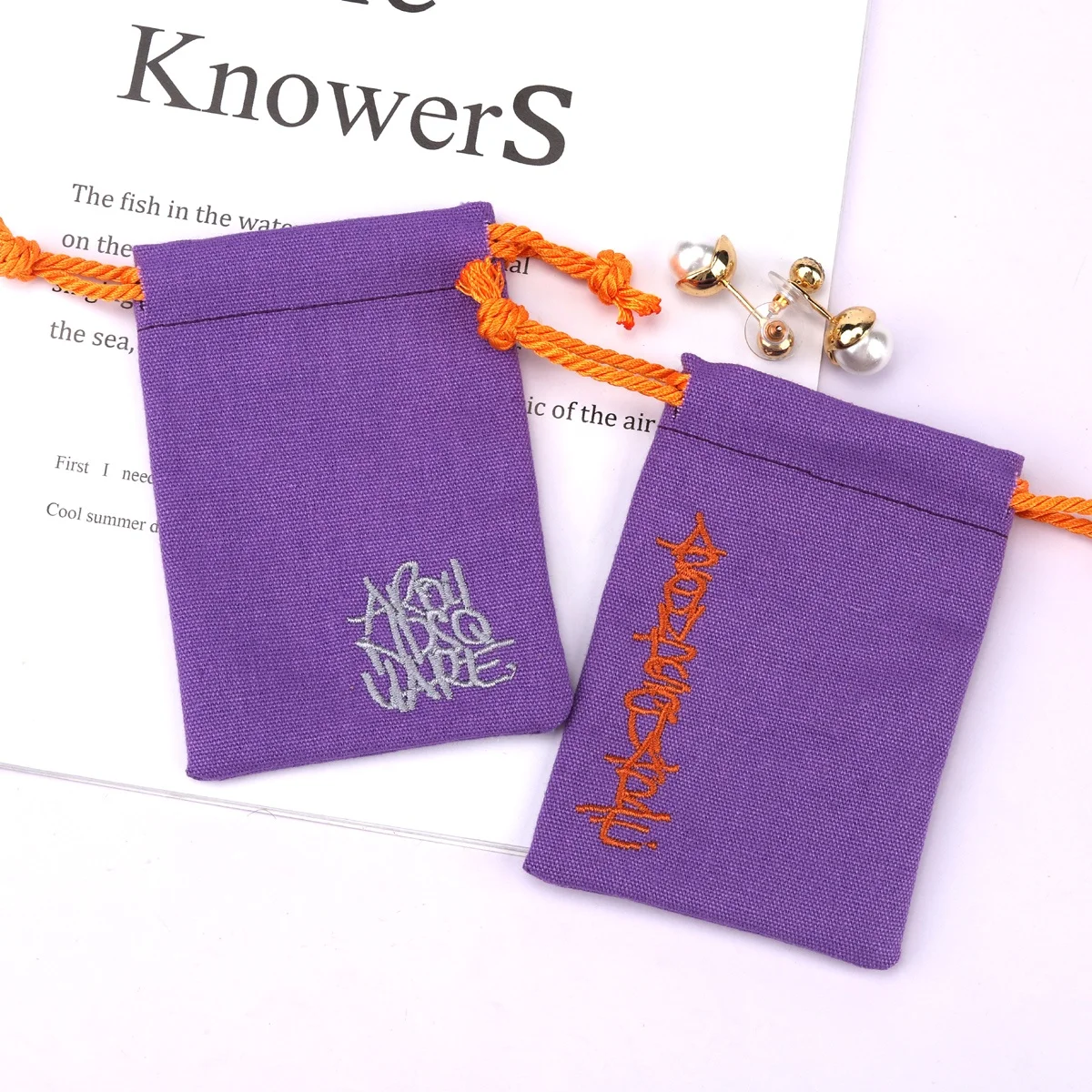 High Quality Small Canvas Cosmetic Gift Jewelry Bag Custom Embroidery Cotton Drawstring Pouch