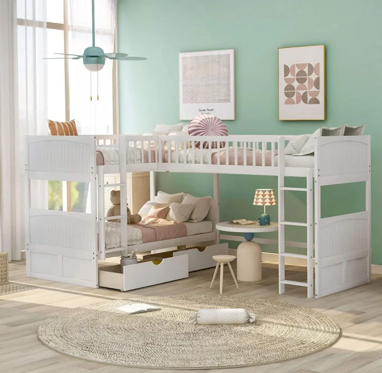 Maximalist Decor Furniture Triple Bunk Beds White Wooden L-Shaped Bunk Bed With Ladder and Storage Drawers