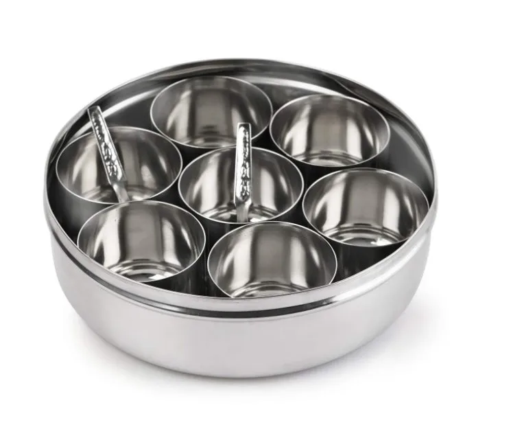 Pure Brass Designer Engraved Masala Dani Box Dibba Spice Organiser/ Container with Spoon /(Big - 7 Debbi in 1