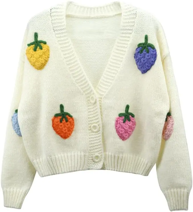 Custom Logo Designer Flower Handmade Chunky Knit Cardigan Sweater Women Knitwear Hand Knitted Women Sweaters Cardigans V Neck