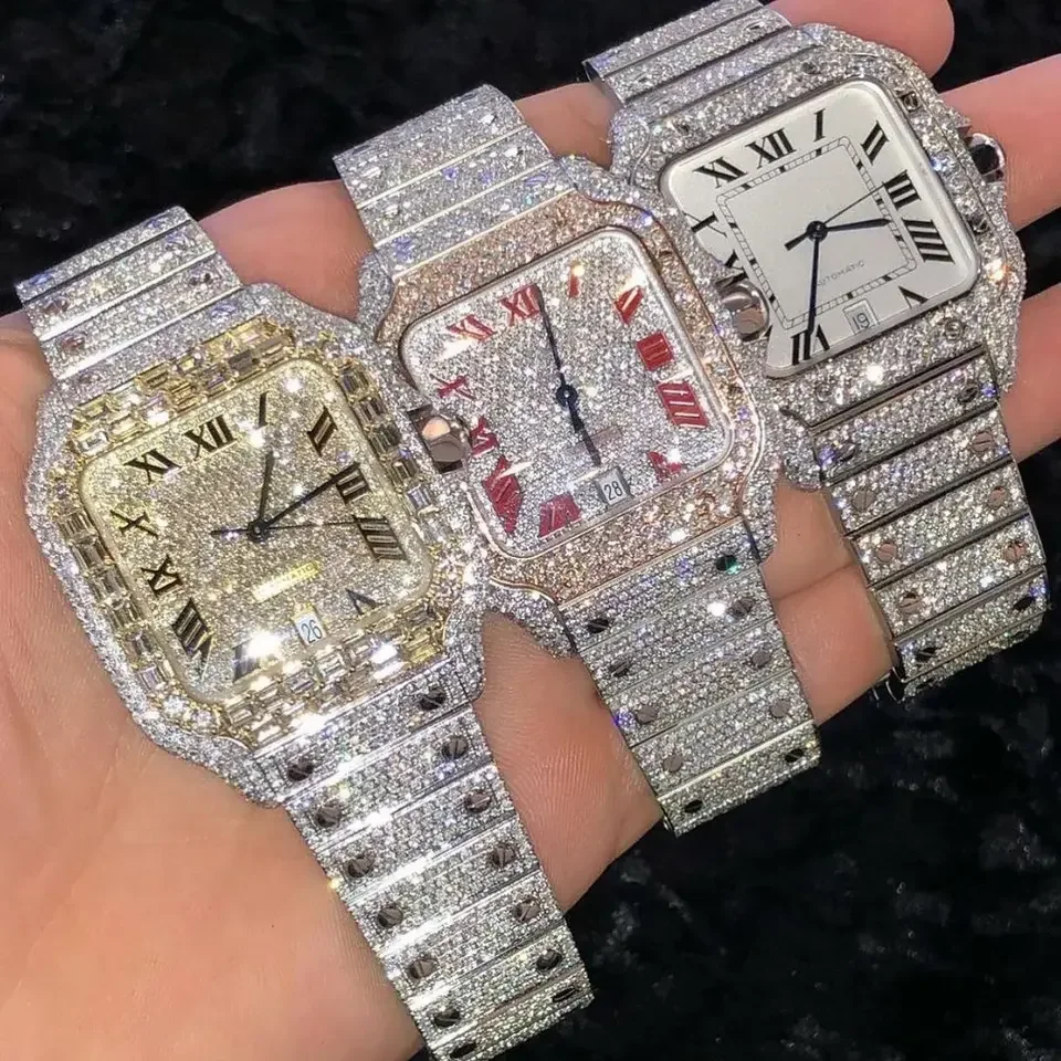 Luxurious moissanite diamonds fully iced out chronograph hip hop watch for men featuring with stainless steel and vvs clarity