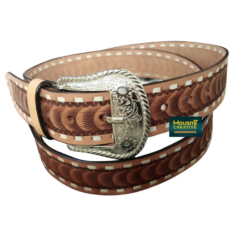 Custom Colour Lace Braided Hand Tooled Leather Belt Western Style Cowhide Leather Engraved Unisex Fashion Belts OEM Supplier