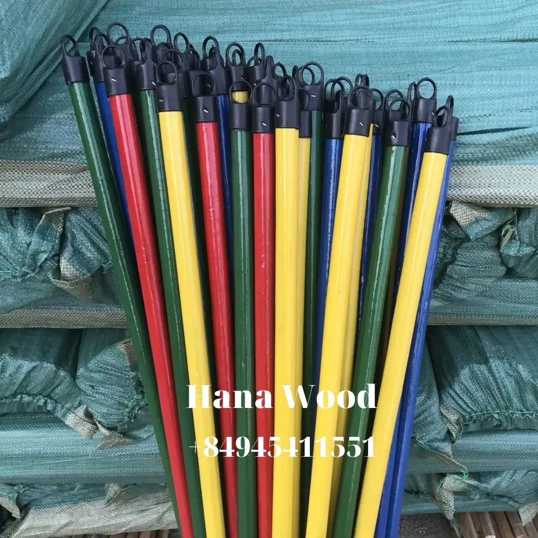 Wholesale Vietnam colorful coated wooden broom stick 120cm length colored PVC pipe, manufacturer plastic mop stick handle