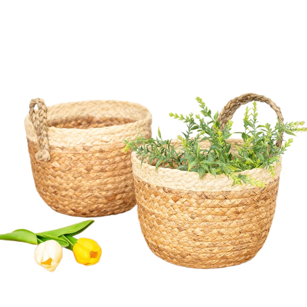 Storage basket straw storage bin with handle wholesale seagrass hand woven fruit plant storage wicker basket made in viet Nam