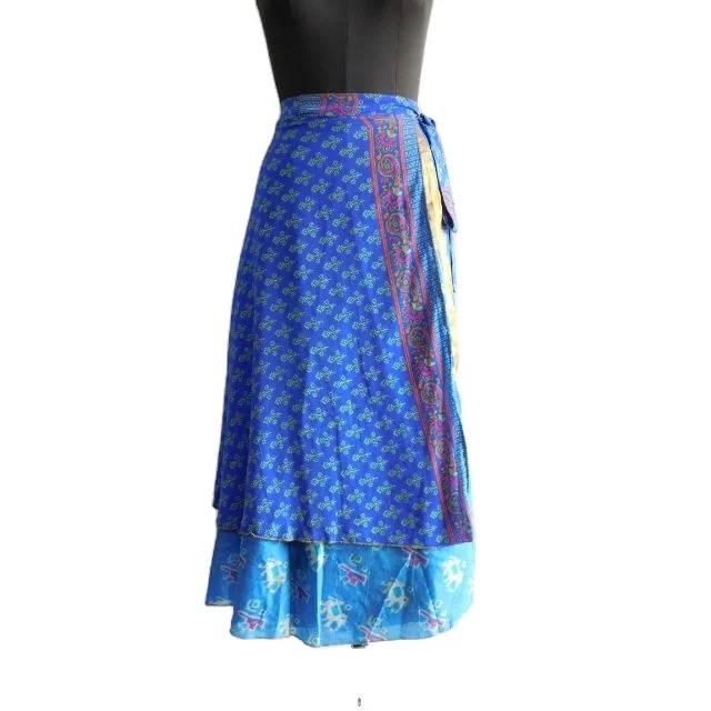 Blue Silk Sari Skirt Vintage 2 Layer Magic Wrap Reversible Indian Handmade Floral Printed Sexy Belly Dance Dress