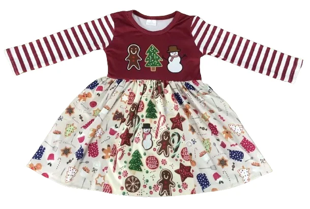 Wholesale children clothing boutique hot selling milk silk Christmas Snowman Candy Long Sleeve dress