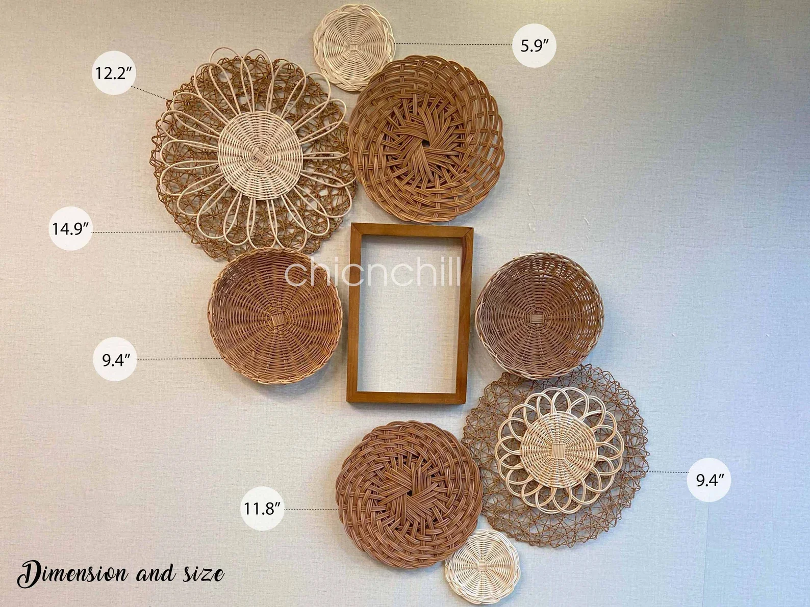 Set of Decorative Handmade Seagrass Plate plastic string; round seagrass rattan bamboo woven basket wall hanging decor