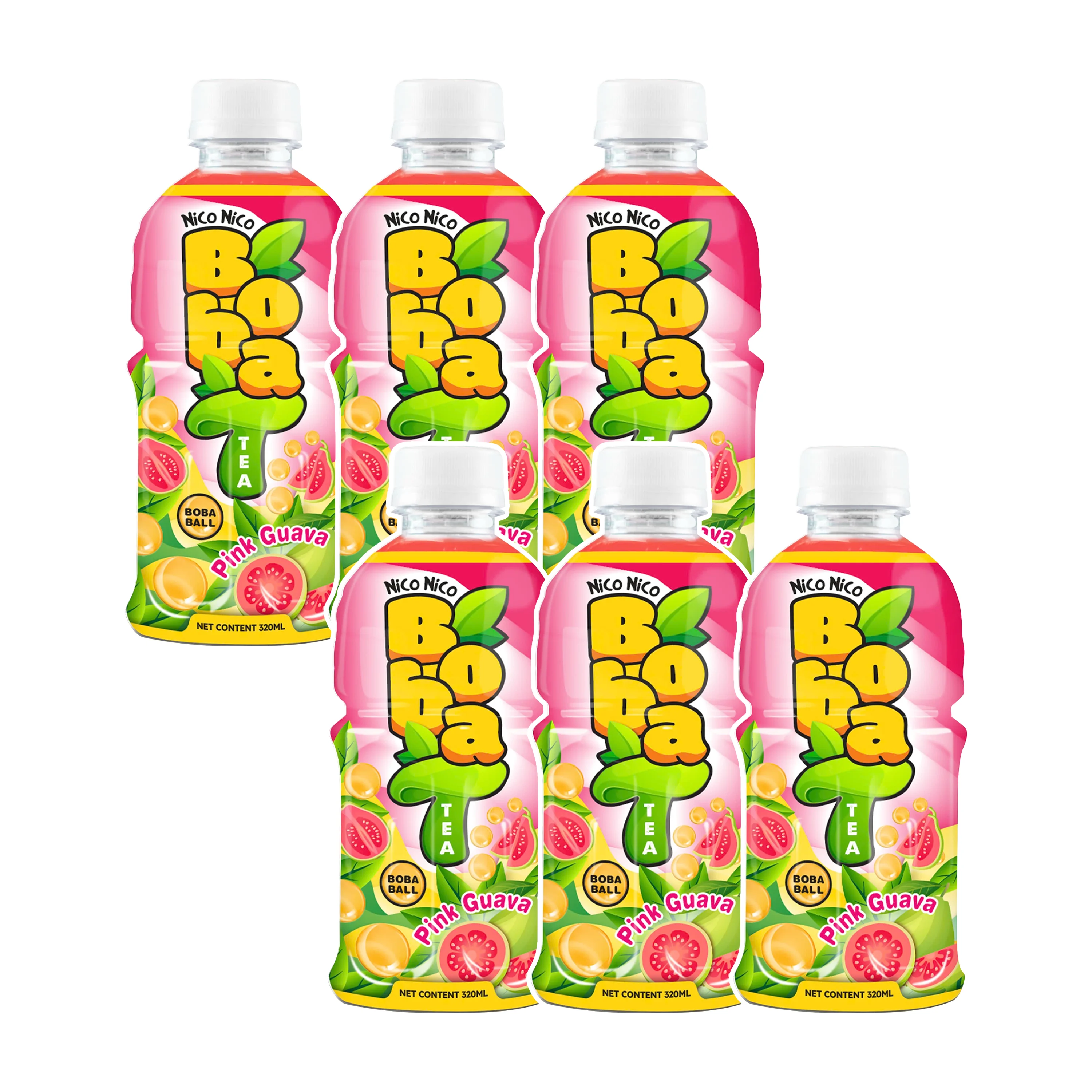 Wholesale Price HALAL Certified 320ml PET Bottle Pink Guava Boba Tea Drinks with Popping Boba Nico Nico Juice Drink Brand