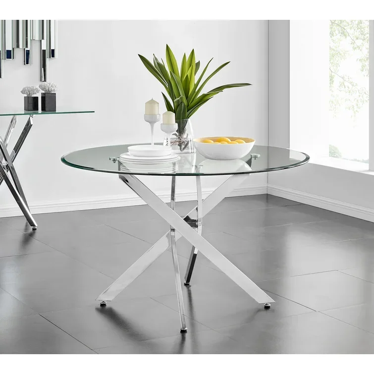 Round Glass Top Metal Base Dining Table Chrome Metal