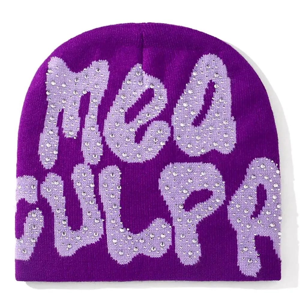 Oem knitted jacquard knit beanie hat diamond custom skull rhinestone beanie for men woman all over print beanie hats