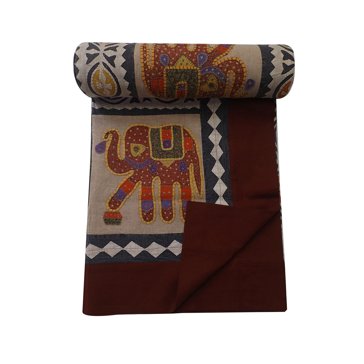 elephant design embroidery Indian manufacturing traditional evergreen vintage applique work bedspread, handmade collection