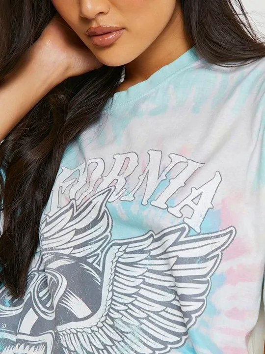 Streetwear Style Custom Logo  Skull Butterfly Pattern Tie Dye Short Sleeve Printed Pure Cotton Oversized Women T-shirt