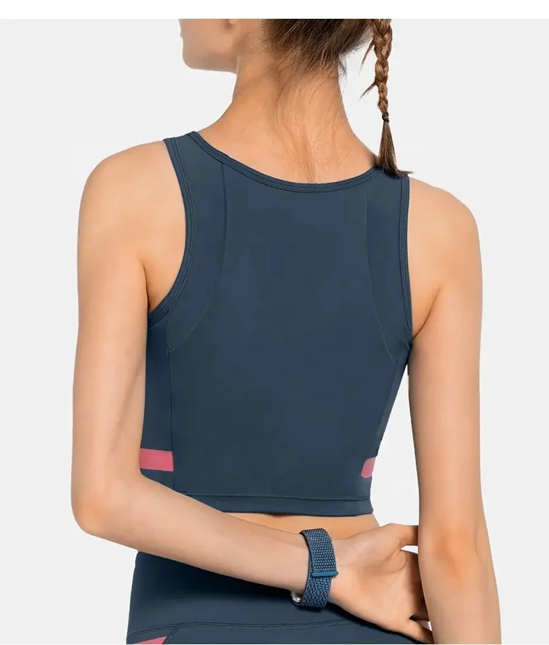 2024 Custom Women Solid Color Knit Dew Shoulder Basic Vest Womens >Womens Crop Tank Tops High Neck Workout Running Sports Bra