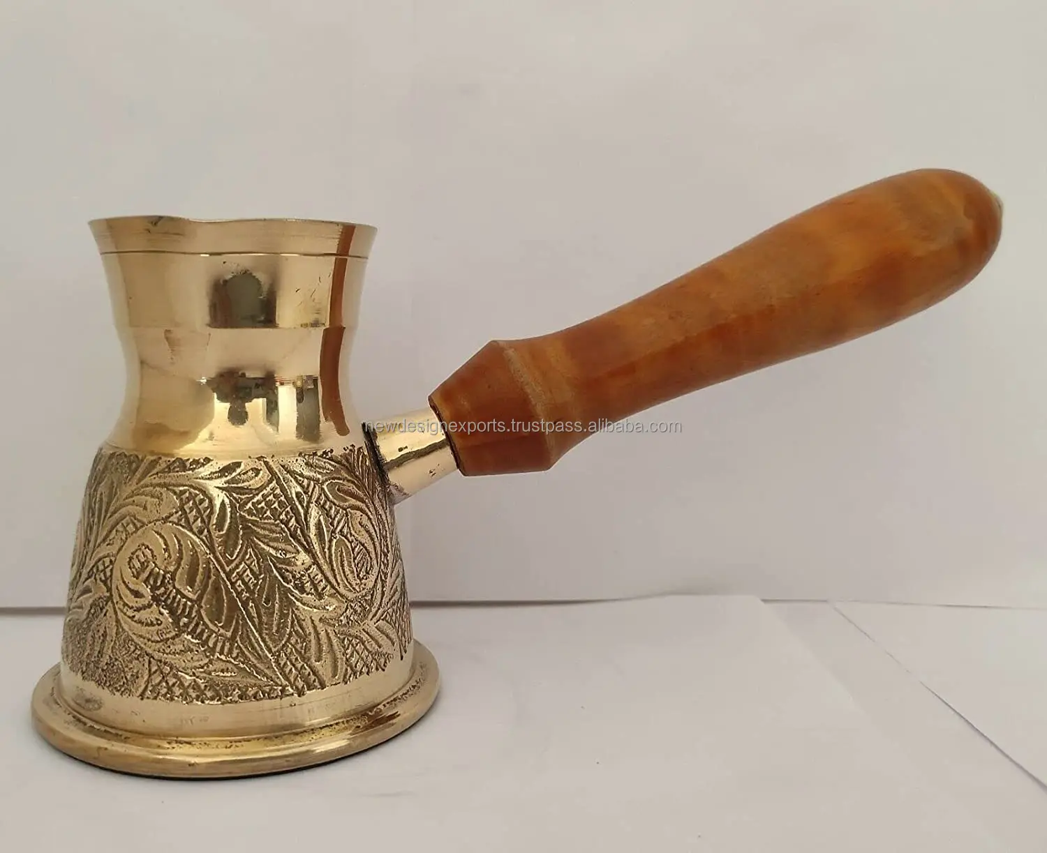 Golden Turkish Greek Arabic Coffee Pot Brass Metal Coffee Maker with Wooden Handle ( Medium - 10 Oz) Leaf Branch Engraved