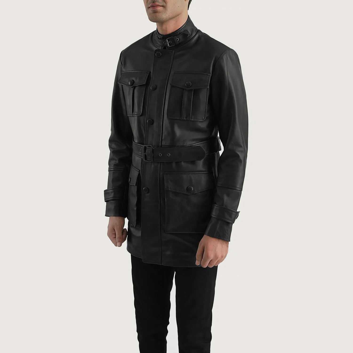 Custom Premium Button Up Round Neck Snap Button Waist Belt Front Pockets Leather Jacket Manufactured by Huzaifa Products