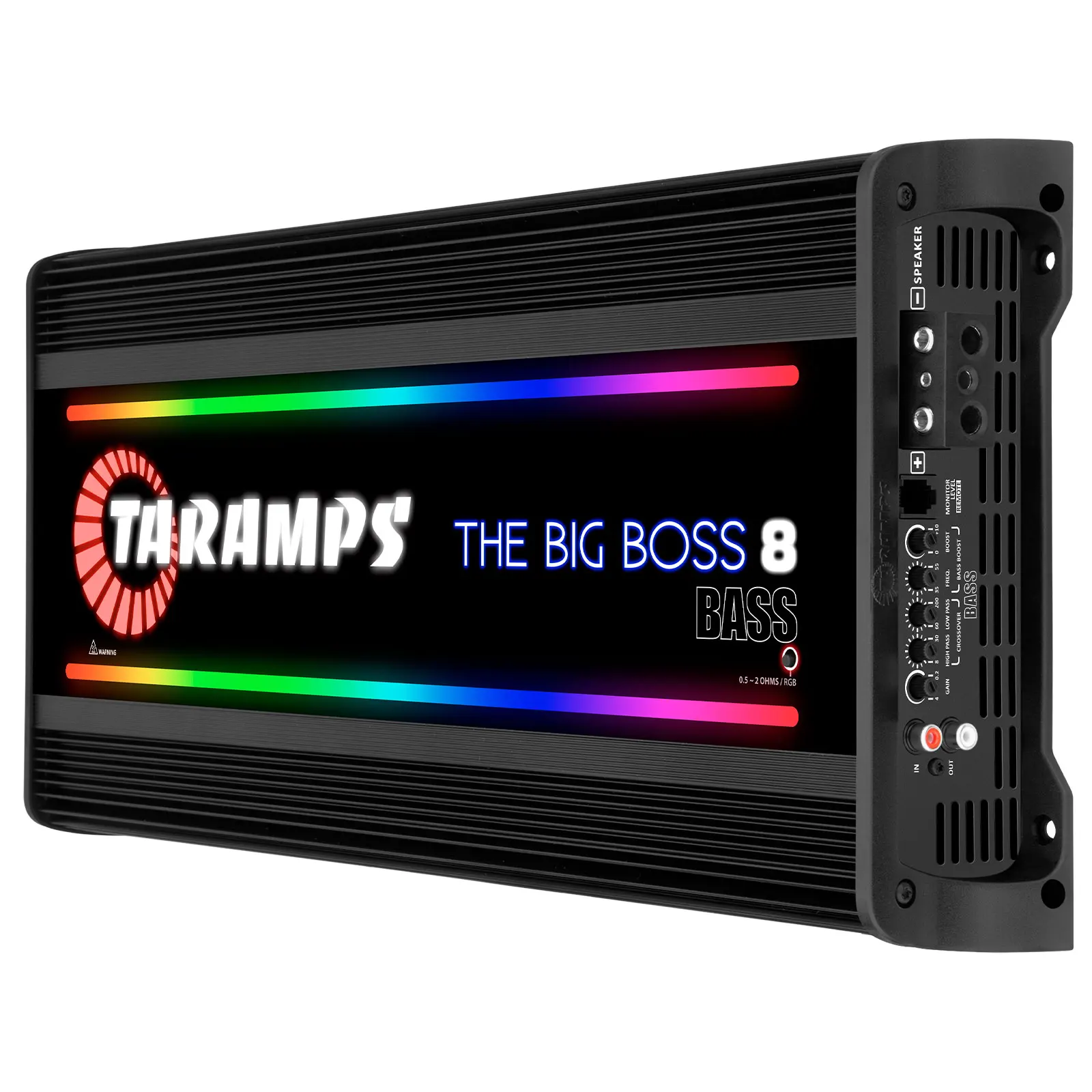 Taramps The Big Boss 8 Bass Black Color Amplifier 0.5 to 2 Ohm 8000 Watts RMS 108 RGB Effects Multi Impedance Smart 8k Car Audio