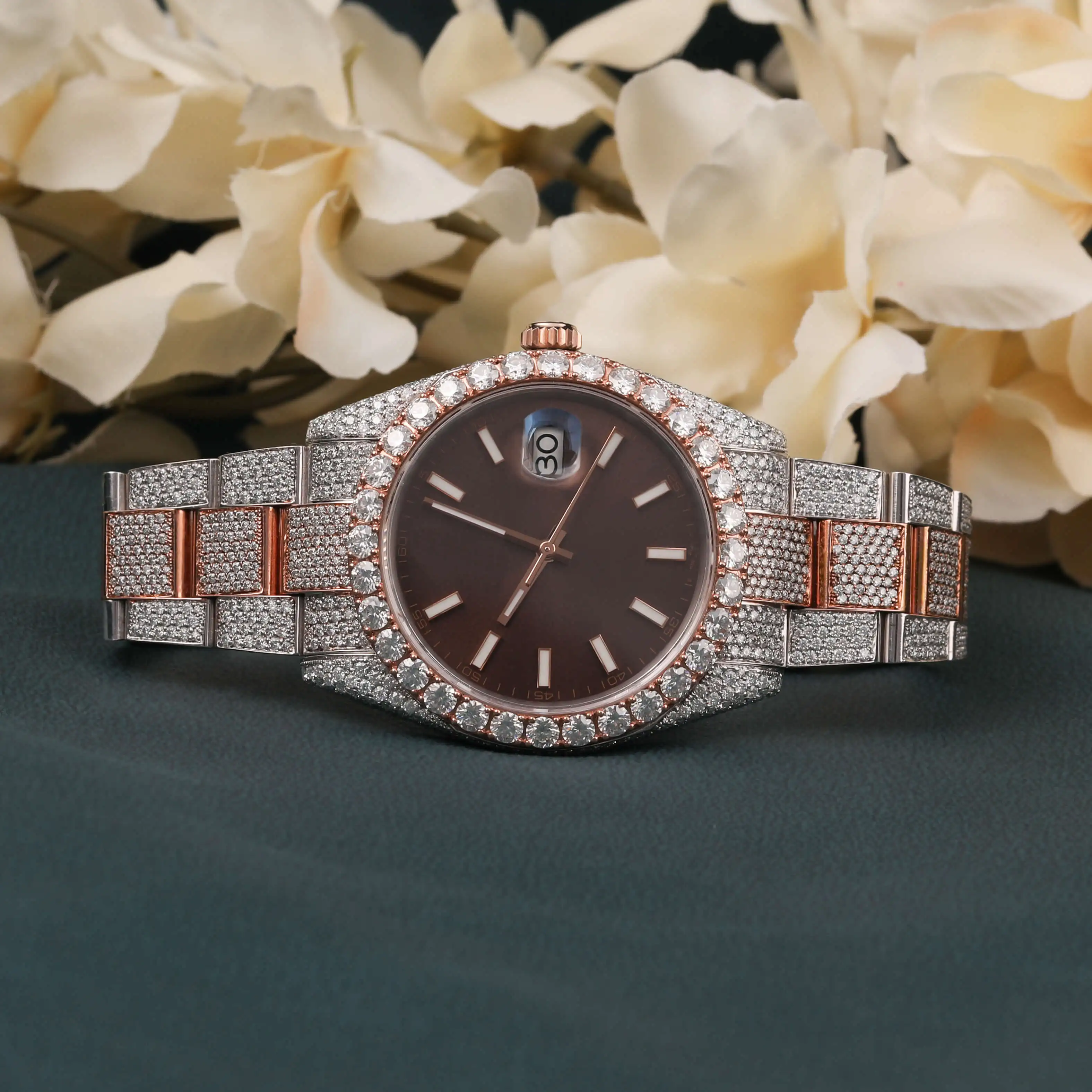 Black Dial Elegant Two Tone Diamond Watch Rose Gold and Silver Full Iced Out Featuring Date Dial Top quality Moissanite Watch