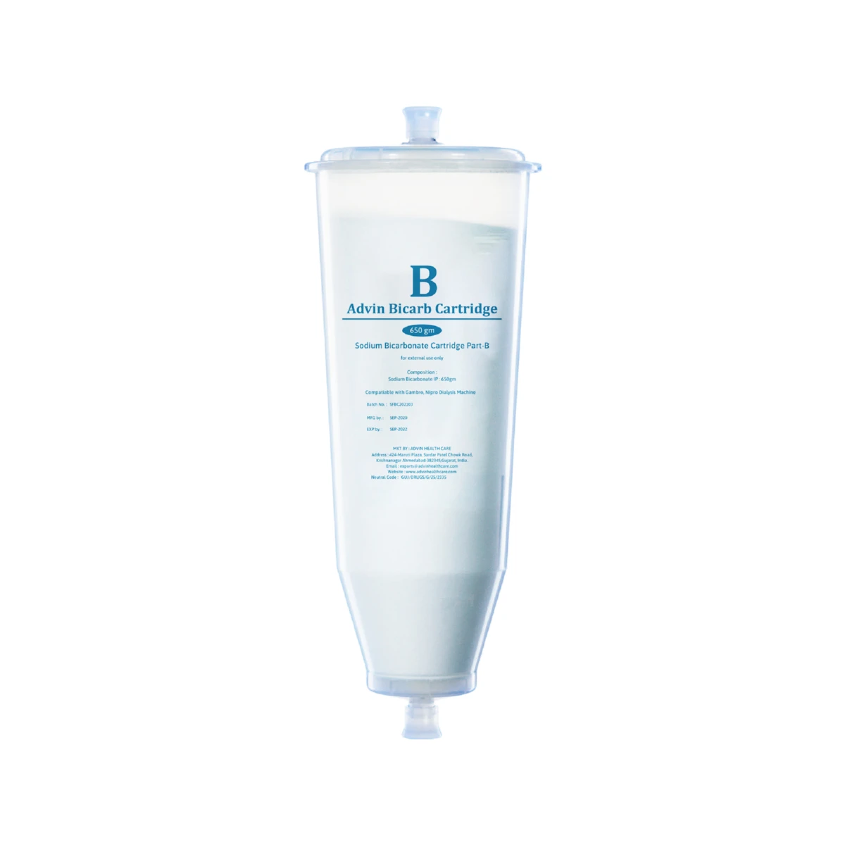 Premium Advin Bicarb Cartridge 650gm Bicart Compatible with Fresenius, Gambro, BBraun, Nipro High-Quality Dialysis Solution