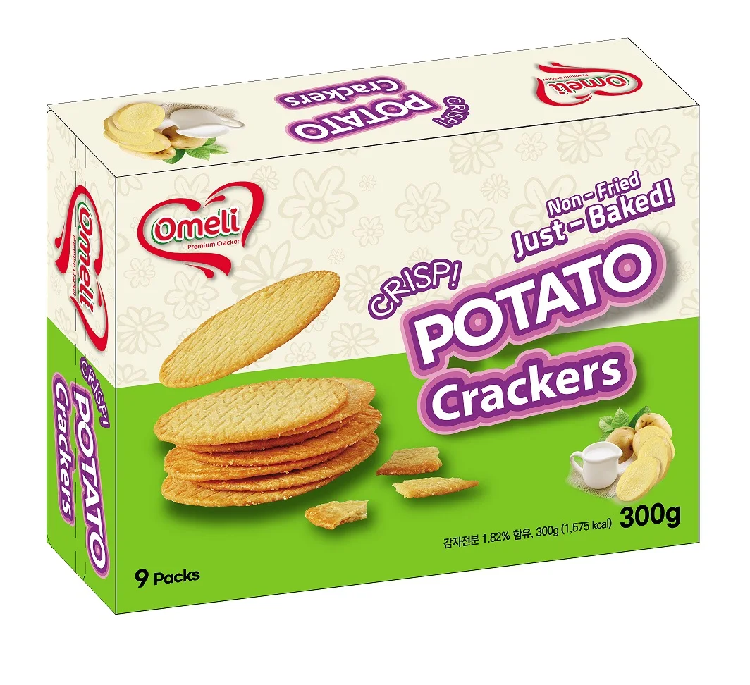 OMELI Brand Crispy Thin Biscuit Cracker Potato Flavour Round Slide - in Paper box weight 300g - OEM Available