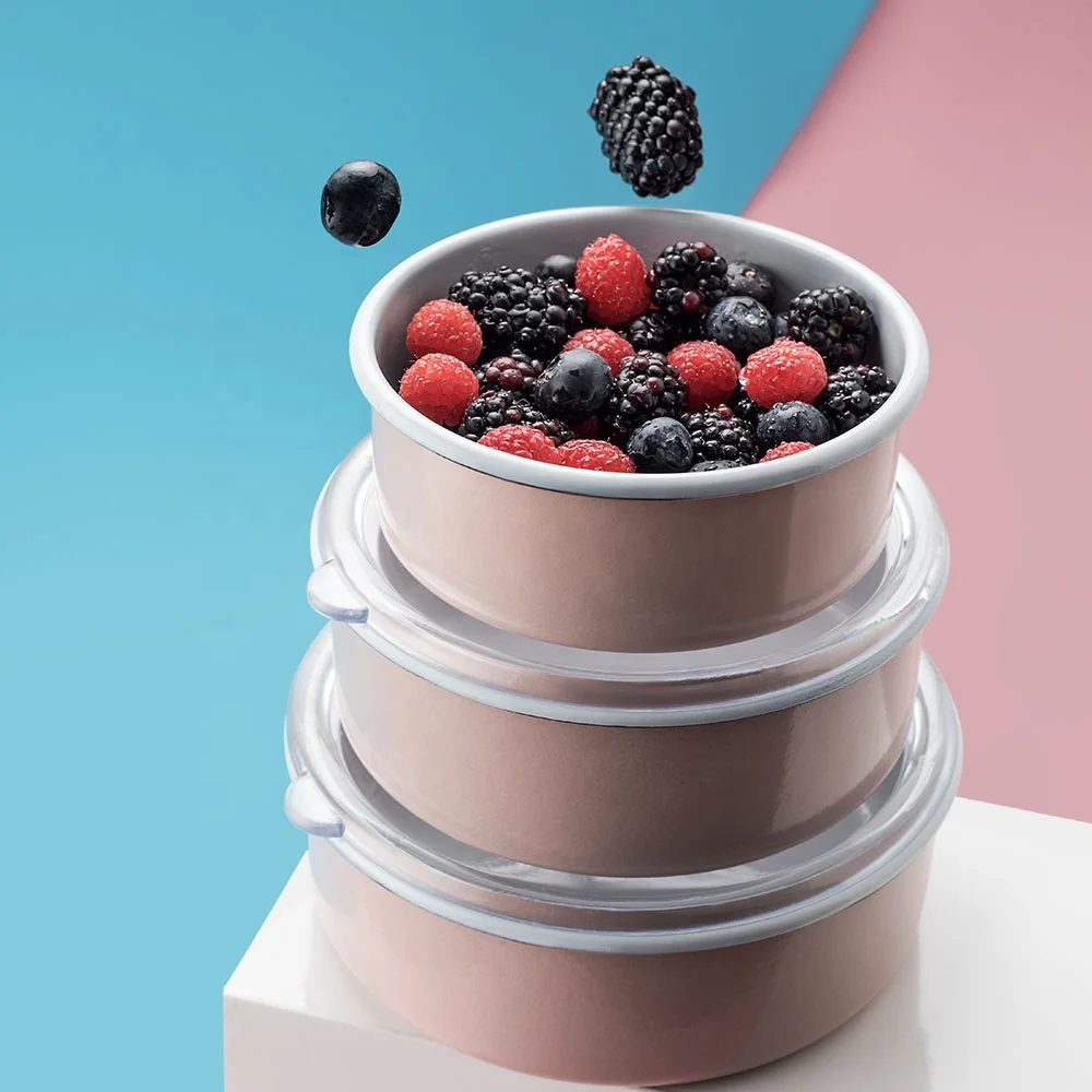 Bowl Triple Set Storage Enamel Salad Bowl Packaging Cup Three Pieces Bowl Stainless Steel Double Round Shape Kitchenware