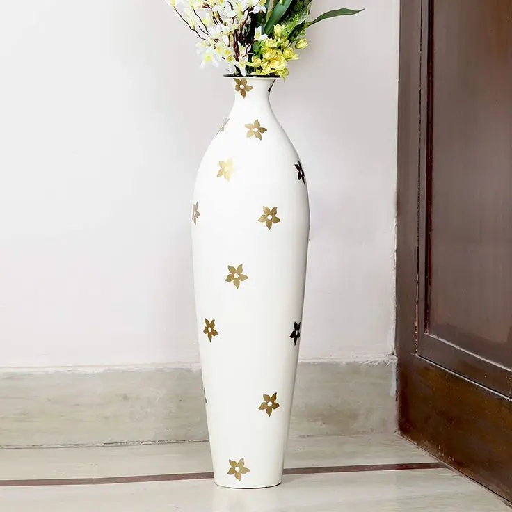 High Grade Stainless Steel Flower Vase & Pot Modern Design White Powder Coated with Golden Leaf Paint for Indoor & Outdoor Use