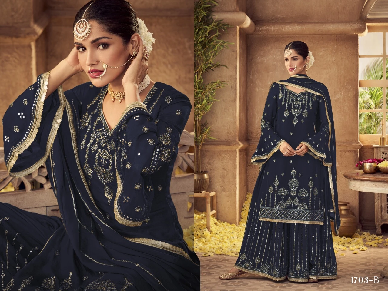 Heavy Faux Georgette with Embroidery Work Fancy Work & Damian 9 mm Sequence Ready Made Fancy Lace Palazzo Suit