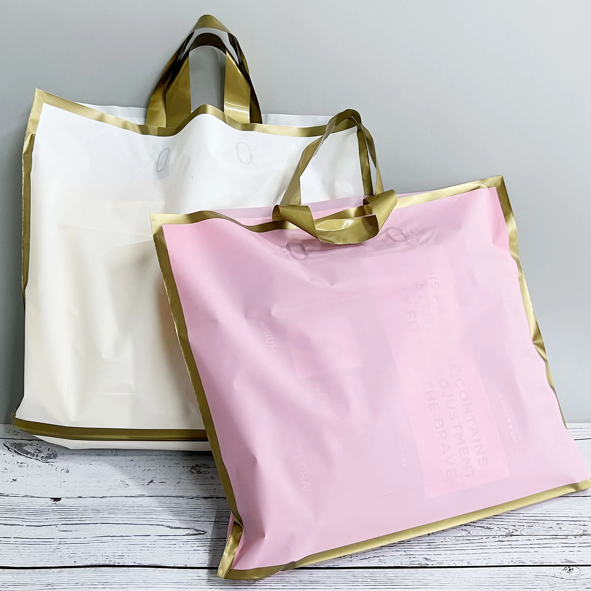 Custom Printed Biodegradable Frosted Pink Loop Handle Gold Edge Security Garments Poly Plastic Shopping Bag
