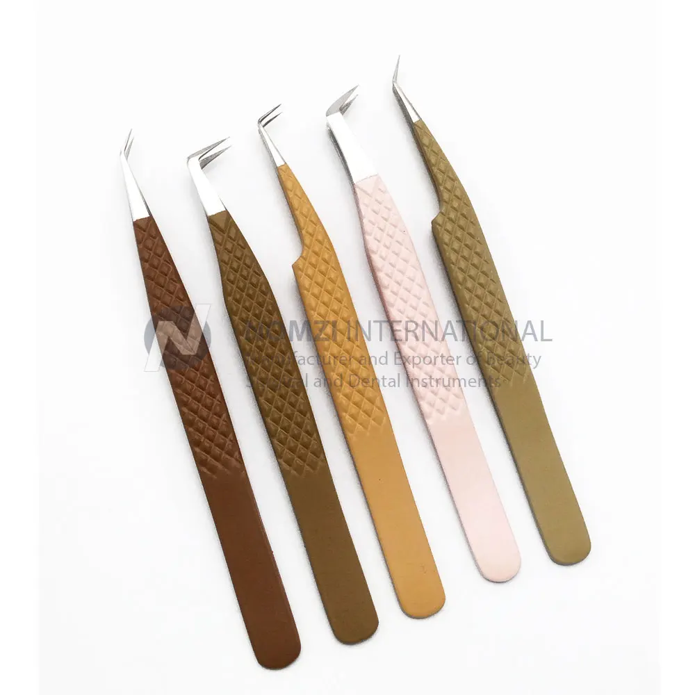Stainless steel Private Label Brown Pink Color Stainless Steel Diamond Grip Eyelash Extension Tweezers With Custom Packing