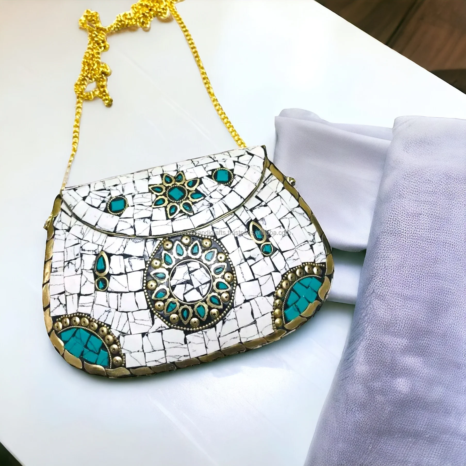 GREY MOSAIC WOMENS CHAIN ETHNIC BAG CLUTCH BOX METAL PURSE EVENING HANDBAG WALLET AT LOW PRICE MANUFACTURE  BY LUXURY CRAFTS