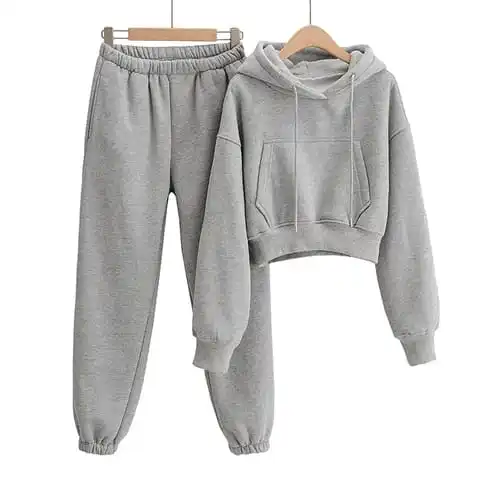 Casual Solid Hoodie Fall Autumn Women Ladies Two Pant Pieces Jogger Set Sweat Pocket Crop Sweatsuit 2 Piece Pants Sets