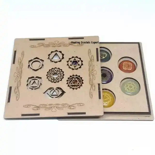 ROUND PALMSTONE SEVEN CHAKRA HEALING SET ENGRAVED AND CARVED WITH WOODEN BOX SET / CHAKRA STONE MEDITATION BOX / PALM STONE BOX
