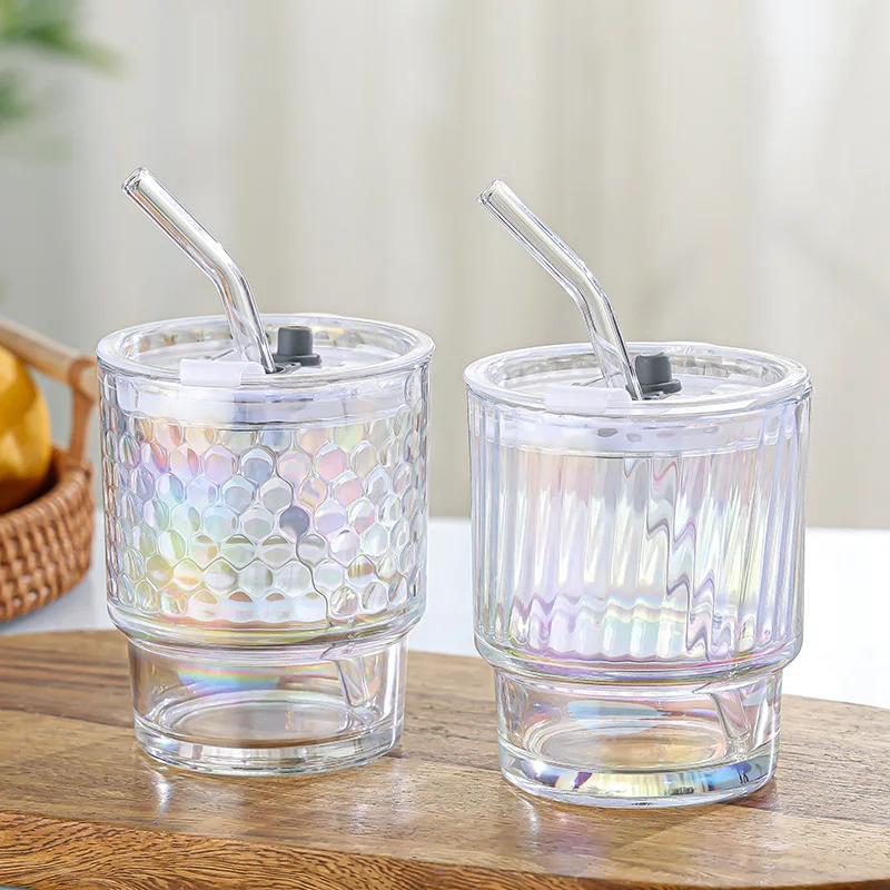 High value with lid laser colorful glass straw cup net red bamboo festival cup glazed glass