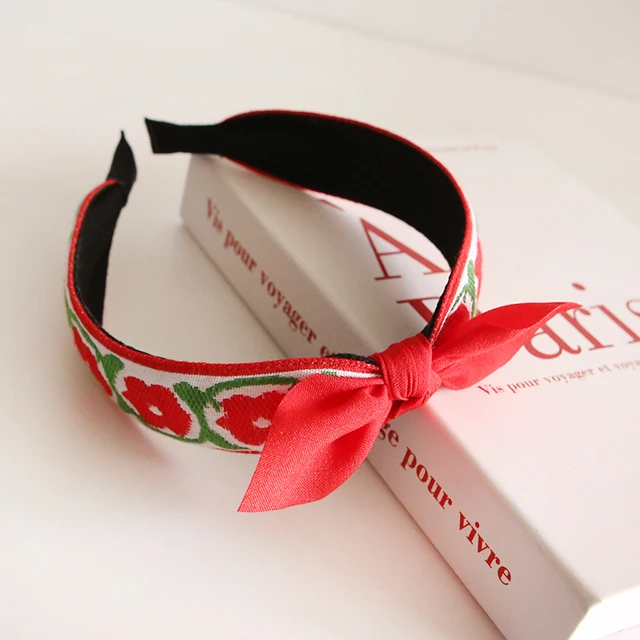 Girls Cute Embroidered Camellia Flower Ribbon Headband Korea fashion hair accessory