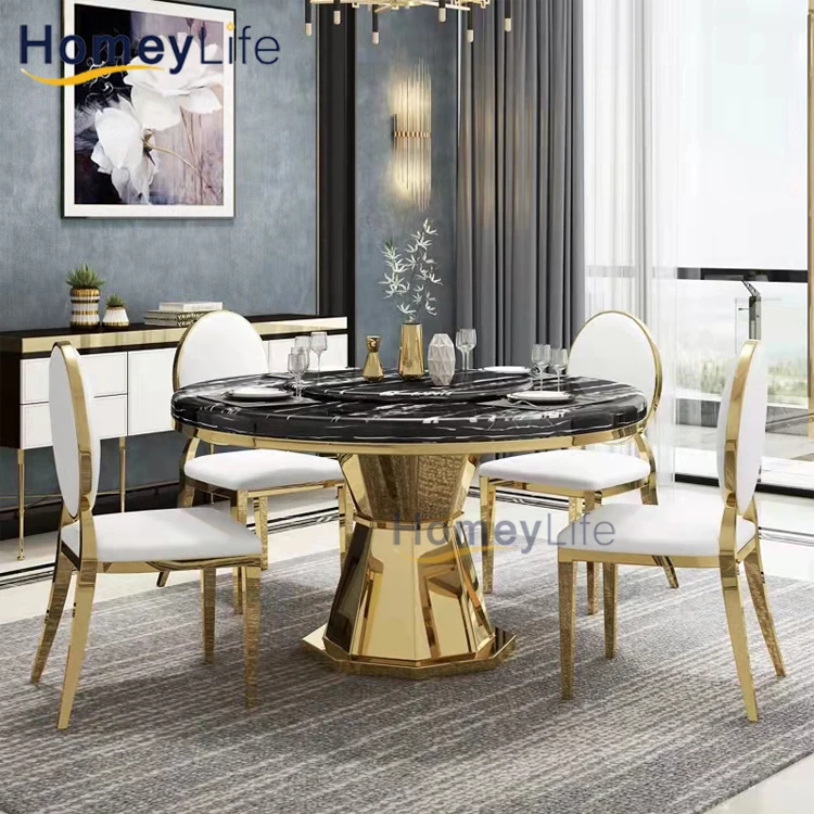 Modern marble dining table set luxury gold marble dining table set with stainless steel table base