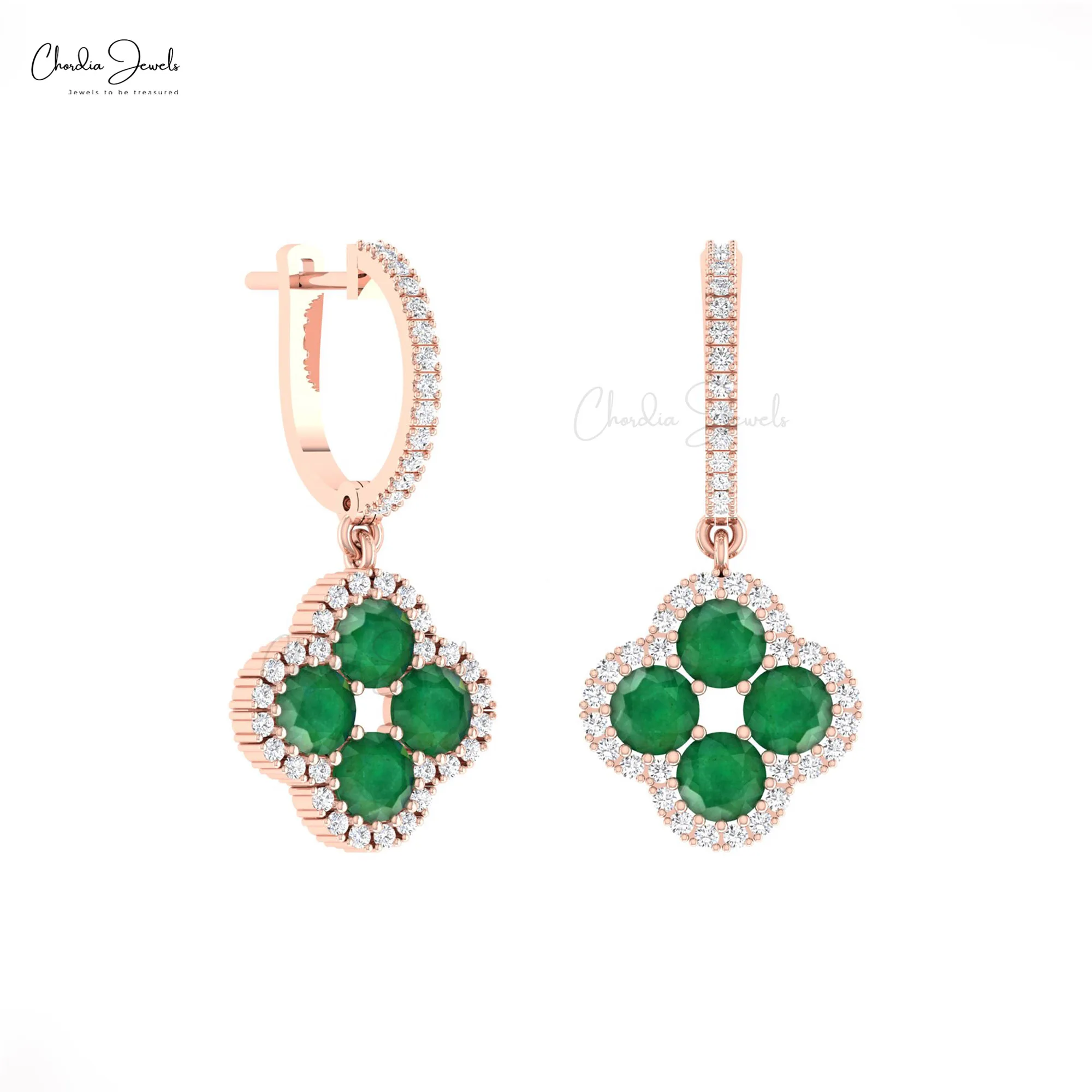 2024 New Products 4mm Round Emerald Gemstone Dangle Earrings 14k Real Gold Diamond Halo Clover Earrings Wholesale Fine Jewelry