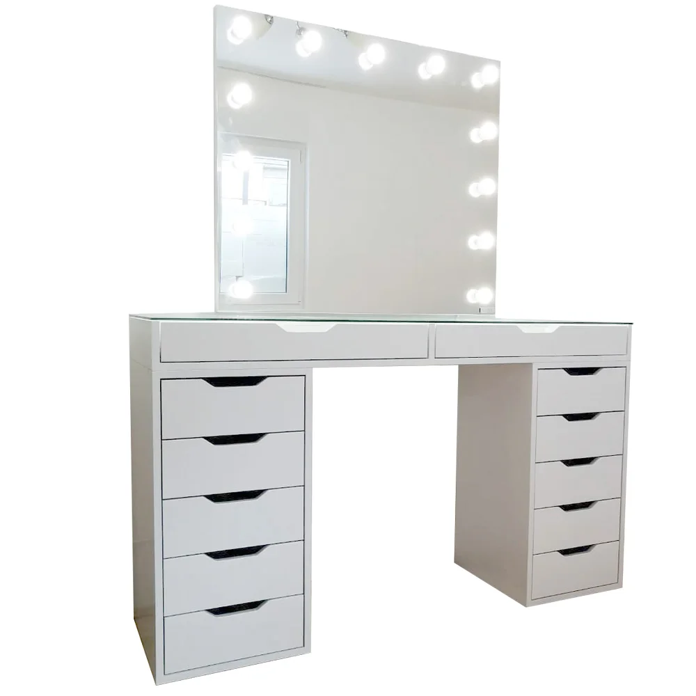 New Hot Sale Home Bedroom Furniture Set Glass Table Top Wood Dressing Table Modern LED Makeup Vanity Desk With Mirror And Drawer