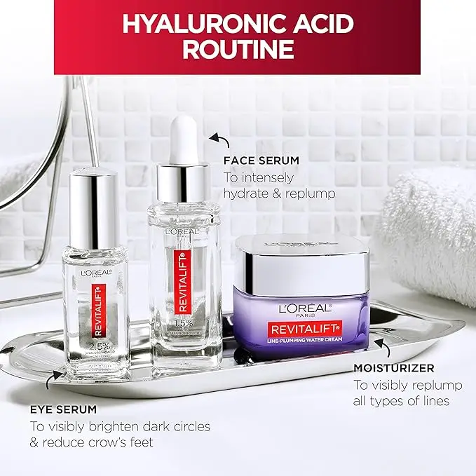 Loreal Paris Revitalift Hyaluronic Acid + Caffeine Hydrating Eye Serum for Dark Circles,Fragrance Free .67 fl. oz + Moisturizer