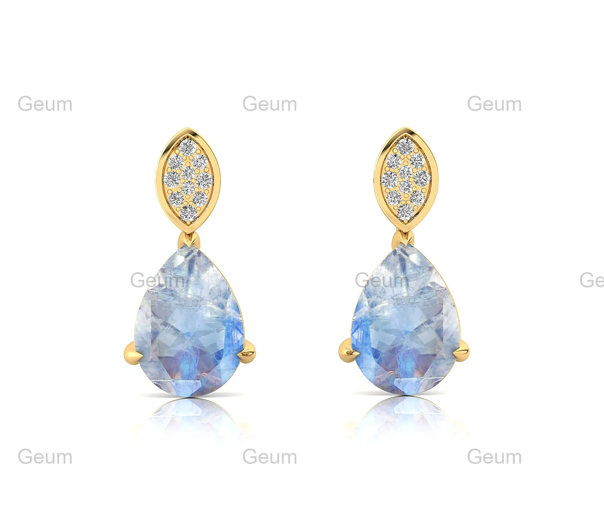 Top Selling Unique Pear Shape Design Natural Rainbow Moonstone Studded 18K Solid Gold Women Stud Earrings with Genuine Diamonds