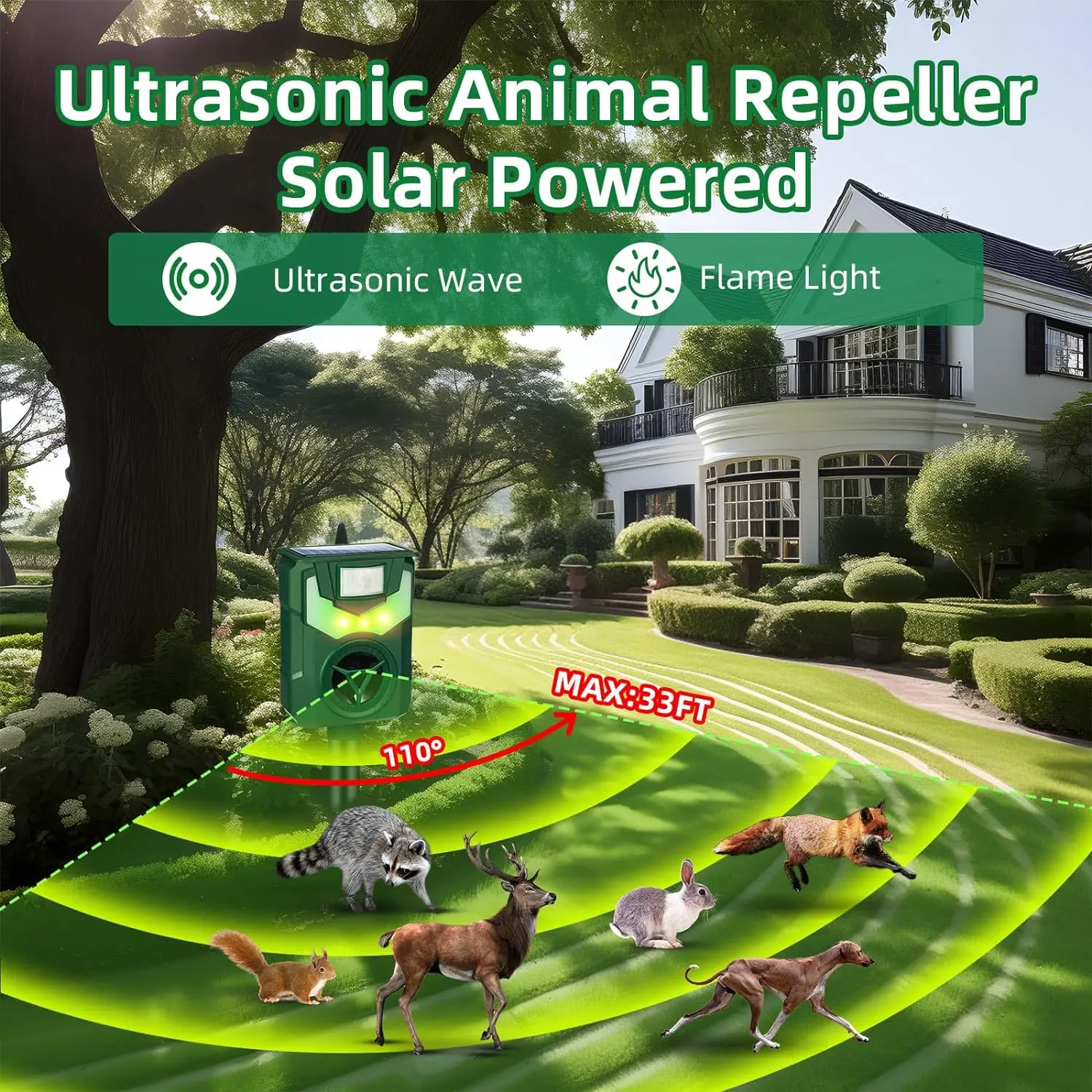 Ultrasonic Animal Repellent Cat Deterrent Outdoor  Flame Light Animal Repellent for Garden Repel Dogs Bird Skunk  Squirrels Deer