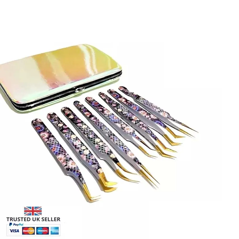 Fine Quality USA Best Selling Eyelash Tweezers Beautiful Flower Paper Printed Handle and Gold Tip with 3 & 6 Pieces Case