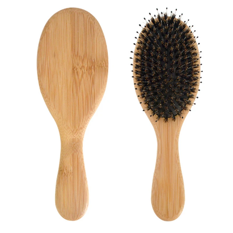 New Custom logo hairbrush metal pins bristle wig brush round paddle detangling wooden hair brush