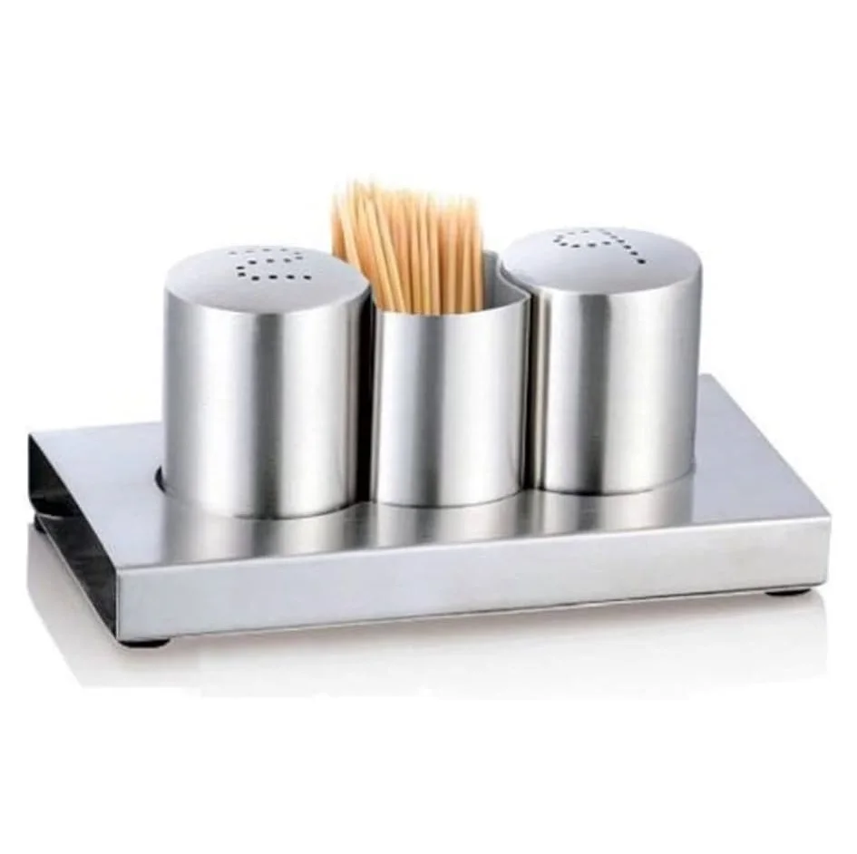 Stainless Steel Salt n Pepper Set for Dining Table Container with Stand Tableware