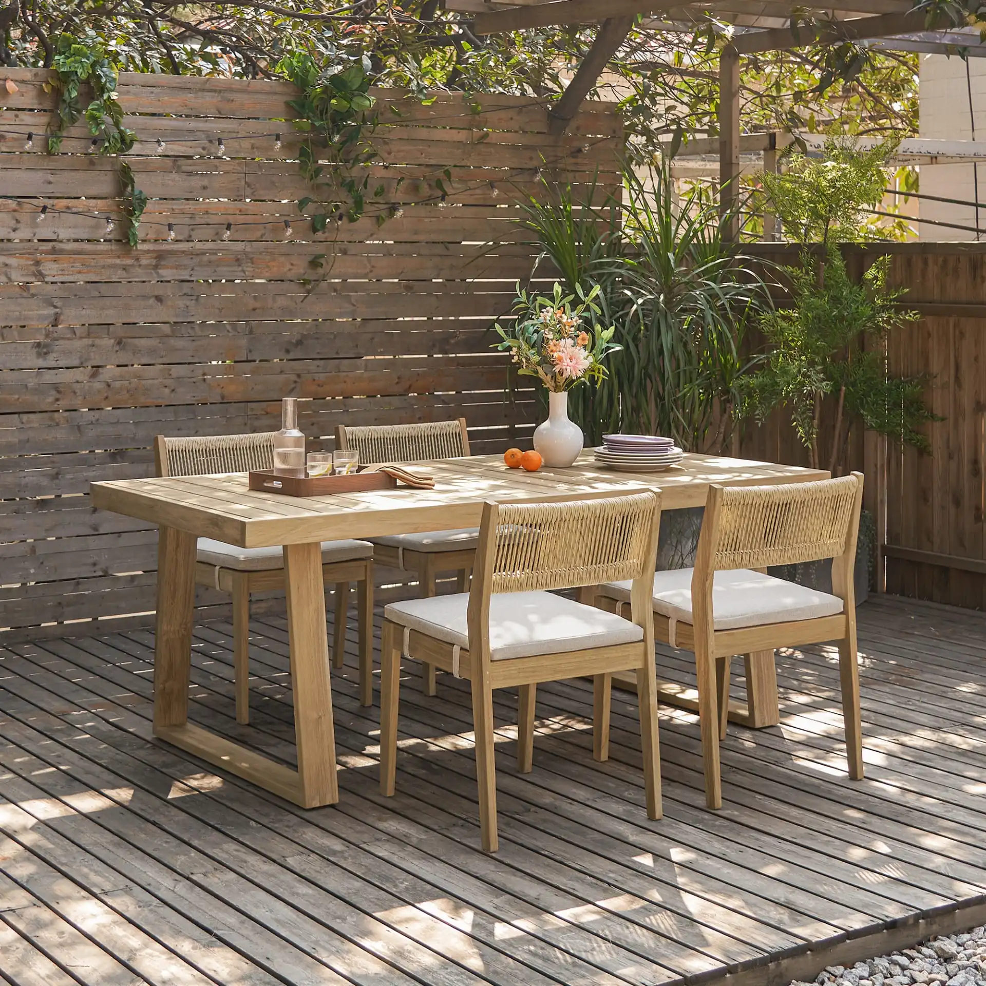 Solid Teak Wood Garden Set Furniture for with Woven Back Dining Chair Modern Style Outdoor Dining Table Set