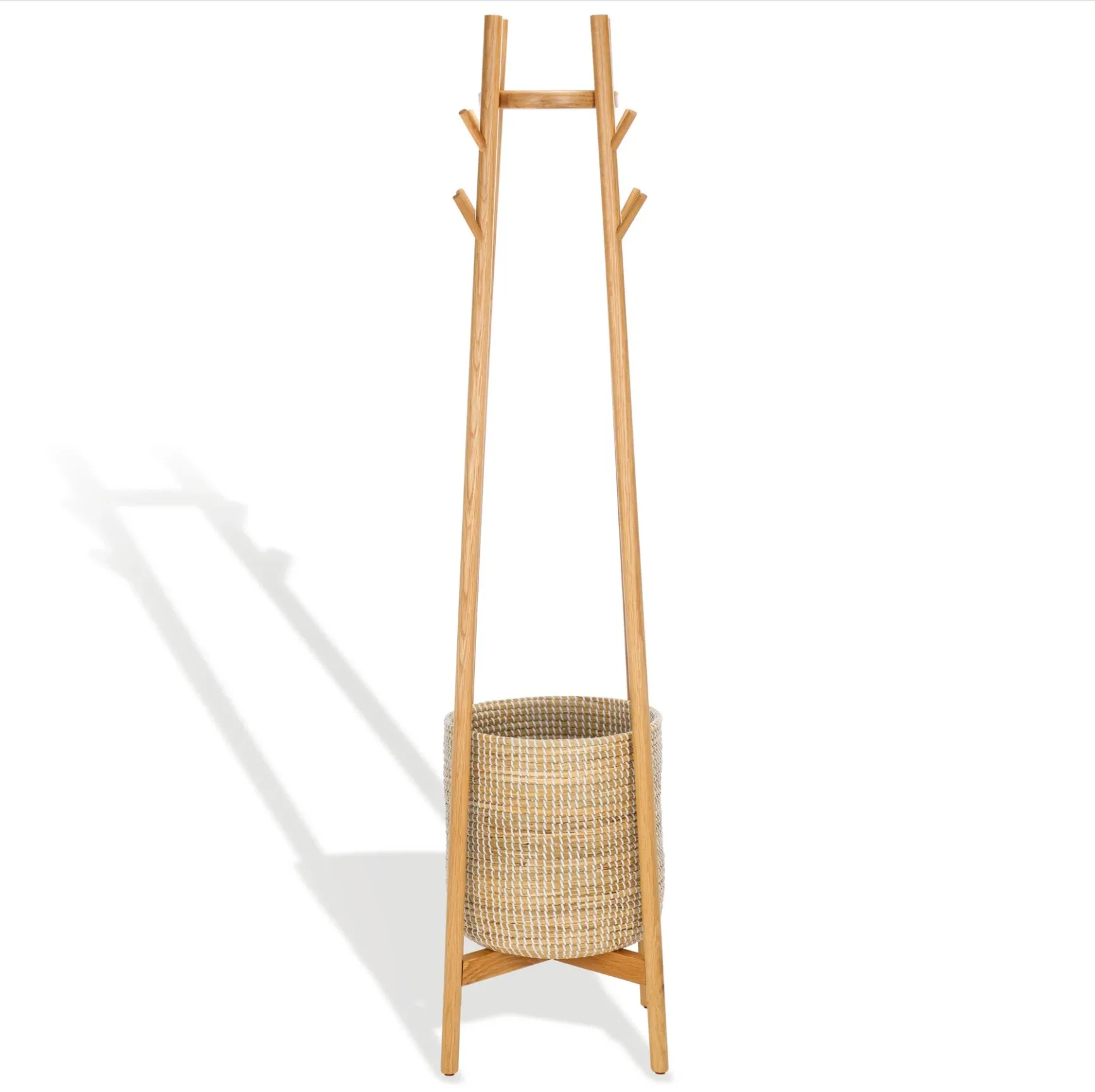 Minimal Traditional Design Wooden Coat Rack With Rattan Wicker Storage Basket For Home and Hotel Furniture