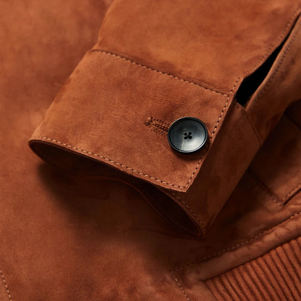 Mens Real Suede Leather Bomber College Jacket Classic Retro Vintage Sheepskin Brown leather jacket fur jacket