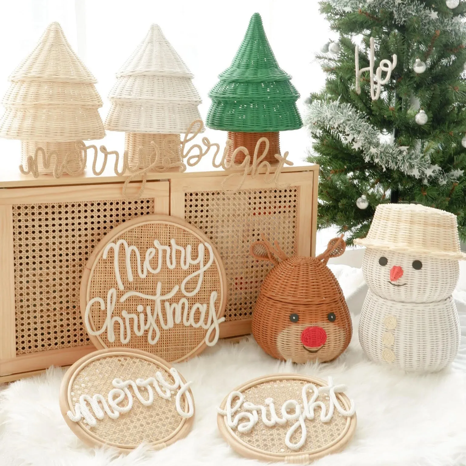 Rattan sleigh basket reindeer Christmas decoration out door Noel holiday decorations unique ornament